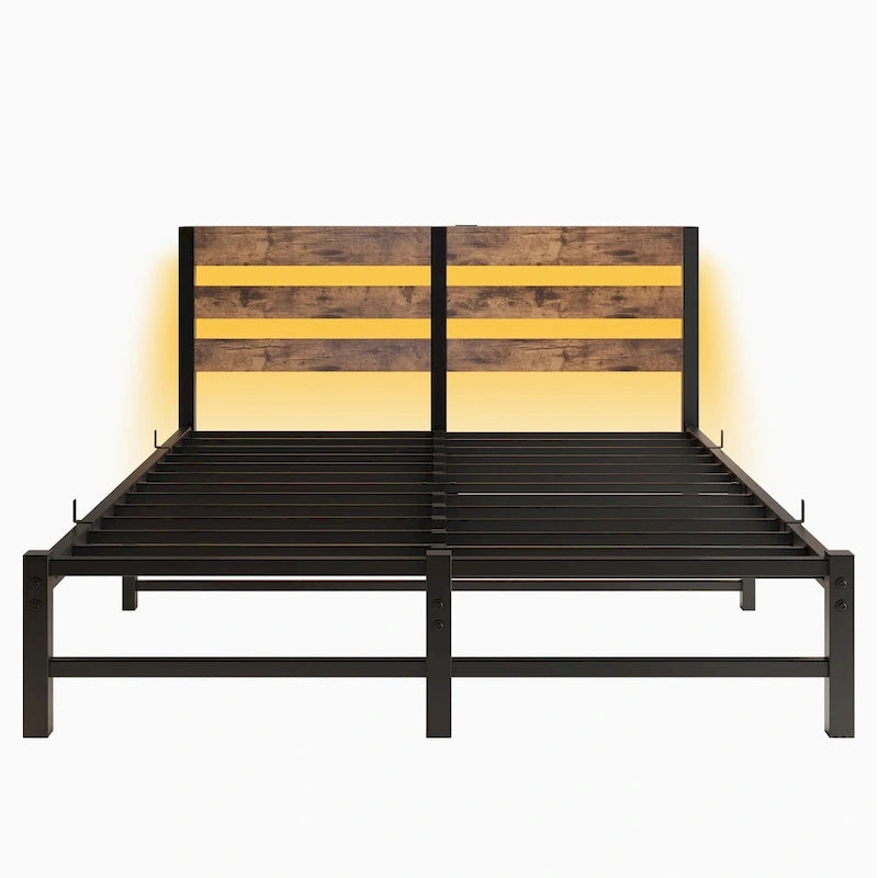 Queen Platform Bed with RGB LED Headboard, USB Charging, MDF & Metal Frame, 10.6" Underbed Storage