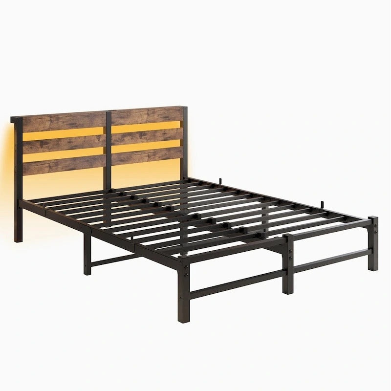 Queen Platform Bed with RGB LED Headboard, USB Charging, MDF & Metal Frame, 10.6" Underbed Storage