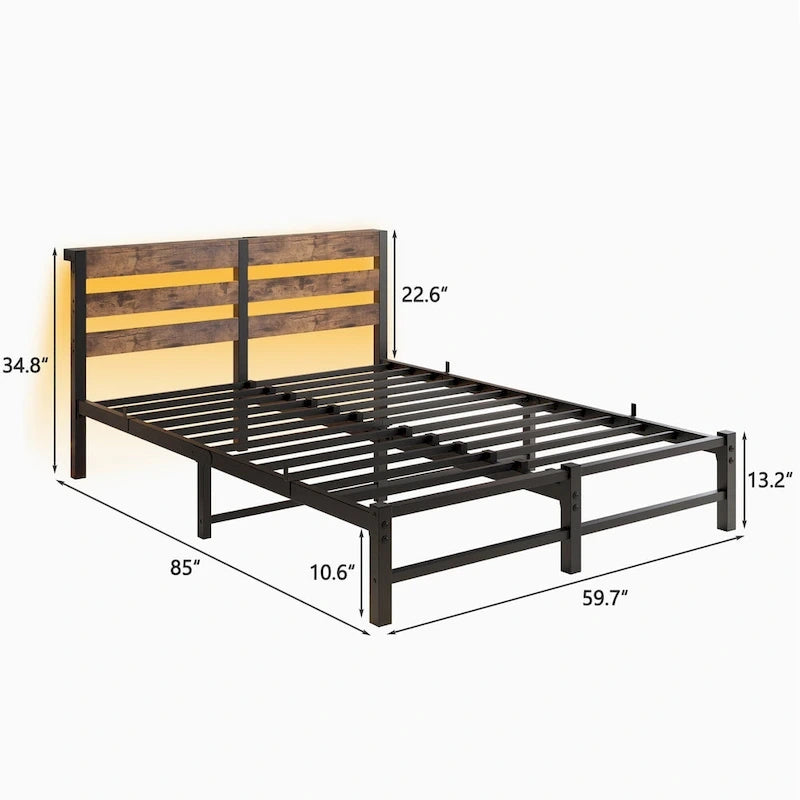 Queen Platform Bed with RGB LED Headboard, USB Charging, MDF & Metal Frame, 10.6" Underbed Storage