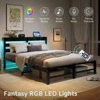 Black Queen Size Modern Metal Bed with Wooden Headboard, RGB Lights