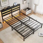 Black Queen Size Modern Metal Bed with Wooden Headboard, RGB Lights