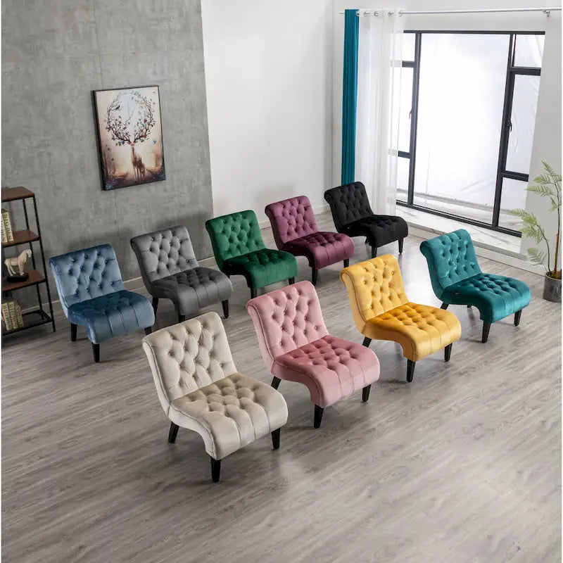 Beige 22.83 Buttons Tufted Accent Chair with Wooden Legs