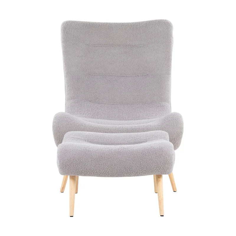 Sherpa Accent Chair with Ottoman, Curved Back & Solid Wood Legs, 250 lbs Capacity – Grey/White