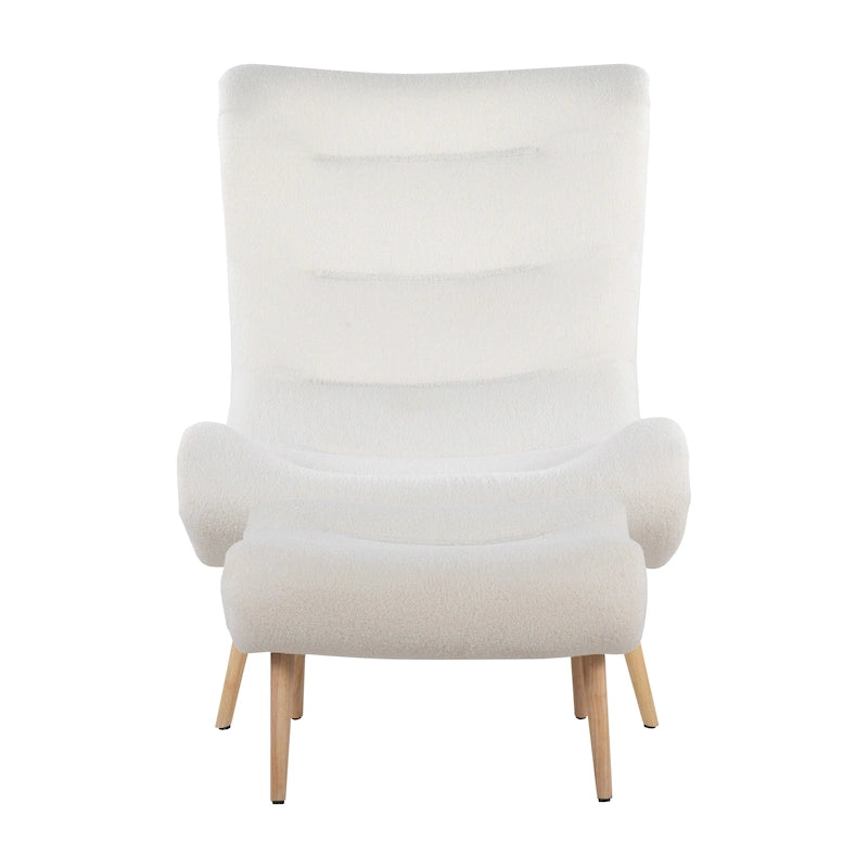 Sherpa Accent Chair with Ottoman, Curved Back & Solid Wood Legs, 250 lbs Capacity – Grey/White