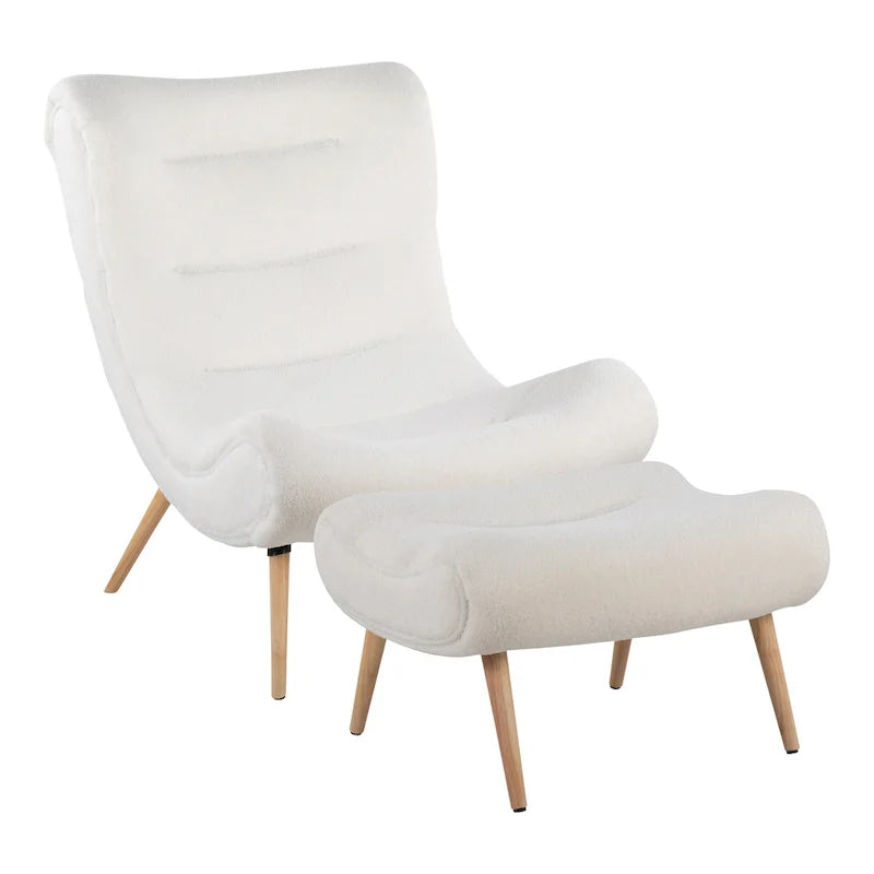 Sherpa Accent Chair with Ottoman, Curved Back & Solid Wood Legs, 250 lbs Capacity – Grey/White