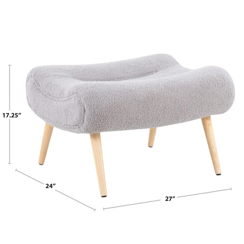 Sherpa Accent Chair with Ottoman, Curved Back & Solid Wood Legs, 250 lbs Capacity – Grey/White