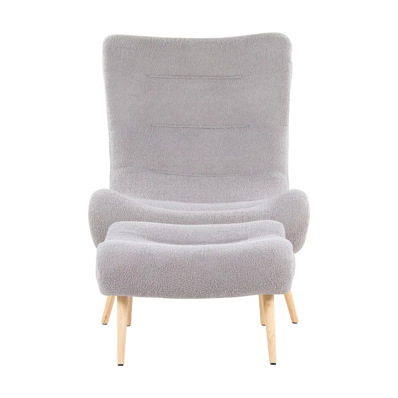 Sherpa Accent Chair with Ottoman, Curved Back & Solid Wood Legs, 250 lbs Capacity – Grey/White