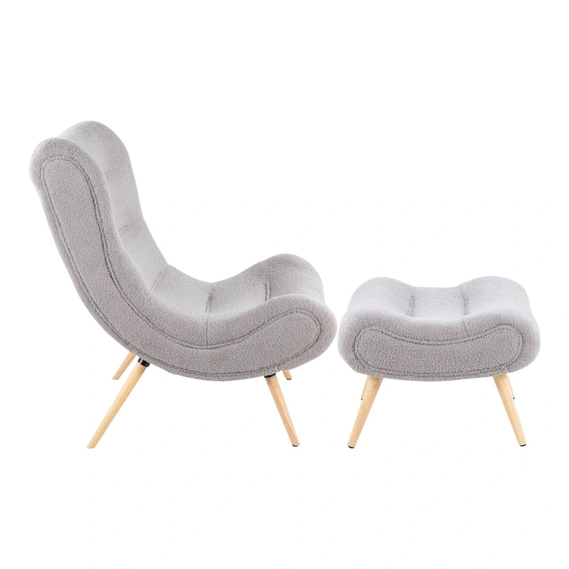 Sherpa Accent Chair with Ottoman, Curved Back & Solid Wood Legs, 250 lbs Capacity – Grey/White