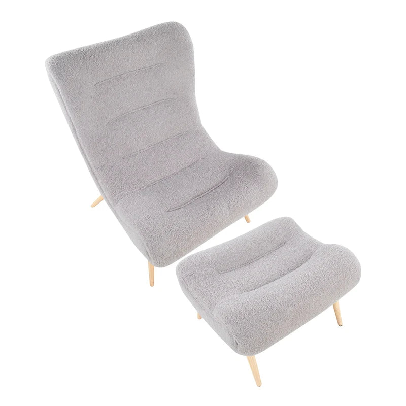 Sherpa Accent Chair with Ottoman, Curved Back & Solid Wood Legs, 250 lbs Capacity – Grey/White