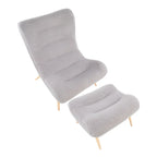 Sherpa Accent Chair with Ottoman, Curved Back & Solid Wood Legs, 250 lbs Capacity – Grey/White