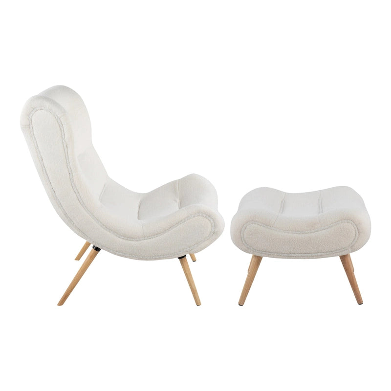 Sherpa Accent Chair with Ottoman, Curved Back & Solid Wood Legs, 250 lbs Capacity – Grey/White