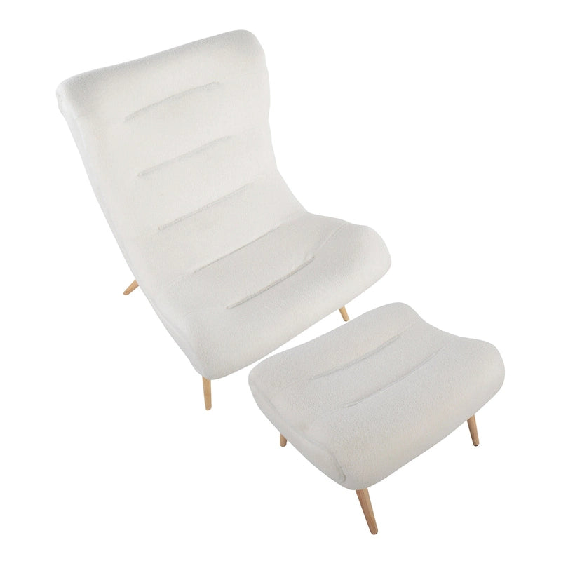 Sherpa Accent Chair with Ottoman, Curved Back & Solid Wood Legs, 250 lbs Capacity – Grey/White