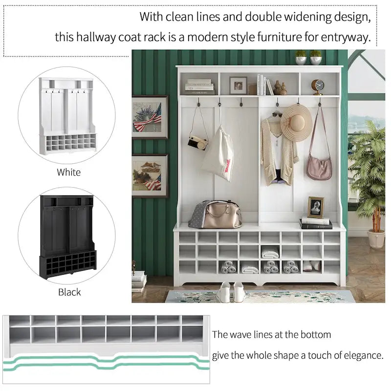 Hallway Coat Rack with Bench 60 Wide Hall Tree with Ample Storage Space and 24 Shoe Cubbies , White ( OLD SKU: WF286983AAK )