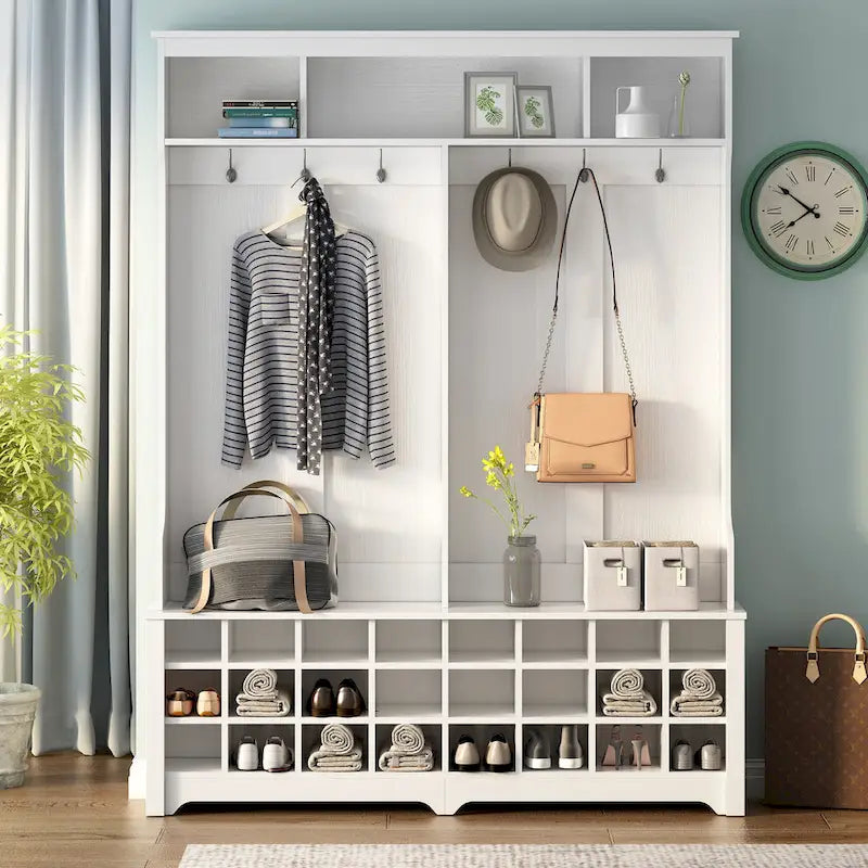 Hallway Coat Rack with Bench 60 Wide Hall Tree with Ample Storage Space and 24 Shoe Cubbies , White ( OLD SKU: WF286983AAK )