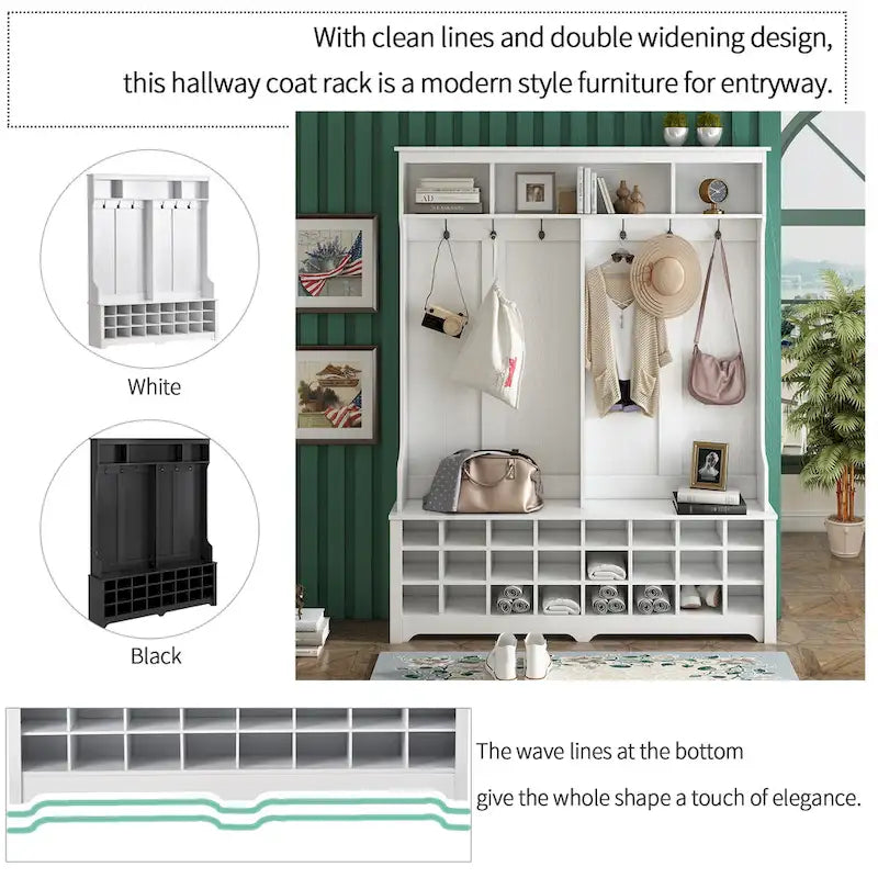 Hallway Coat Rack with Bench 60 Wide Hall Tree with Ample Storage Space and 24 Shoe Cubbies , White ( OLD SKU: WF286983AAK )