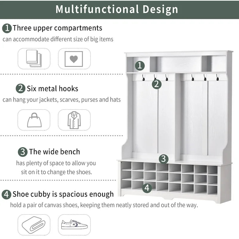 Hallway Coat Rack with Bench 60 Wide Hall Tree with Ample Storage Space and 24 Shoe Cubbies , White ( OLD SKU: WF286983AAK )