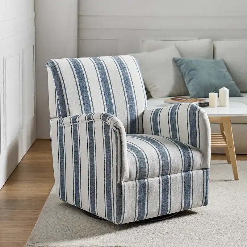360° Swivel Accent Chair, Striped Fabric Upholstery, Foam Padded, Metal Legs, 28"W x 34.5"H