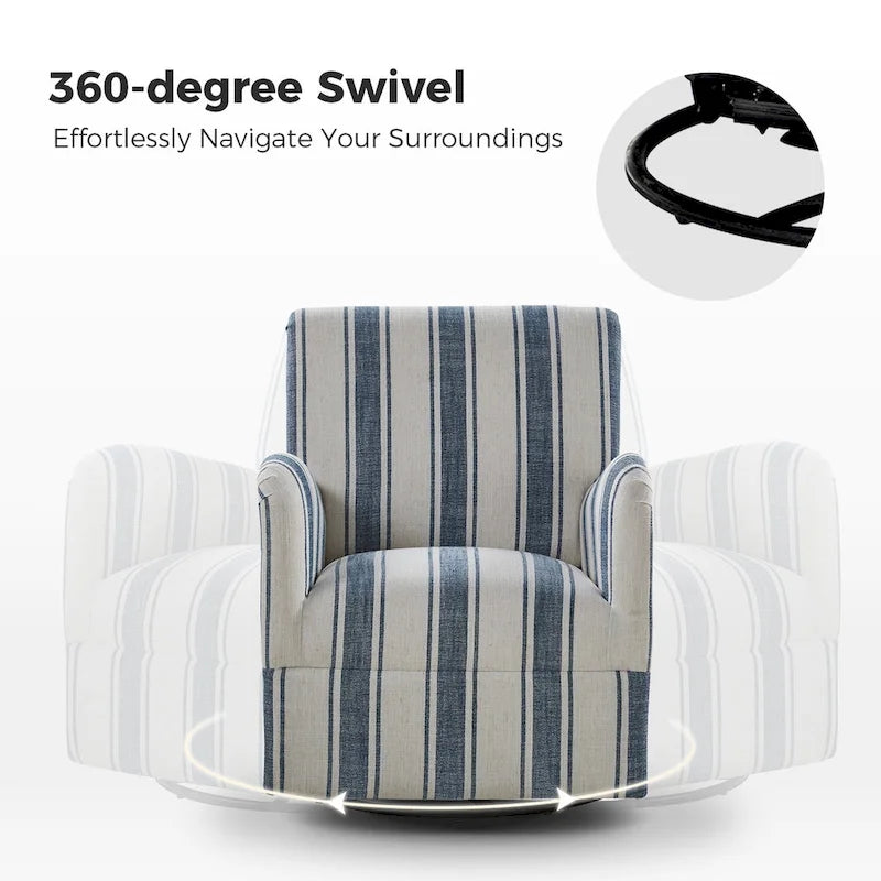 360° Swivel Accent Chair, Striped Fabric Upholstery, Foam Padded, Metal Legs, 28"W x 34.5"H