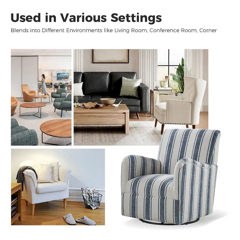 360° Swivel Accent Chair, Striped Fabric Upholstery, Foam Padded, Metal Legs, 28"W x 34.5"H