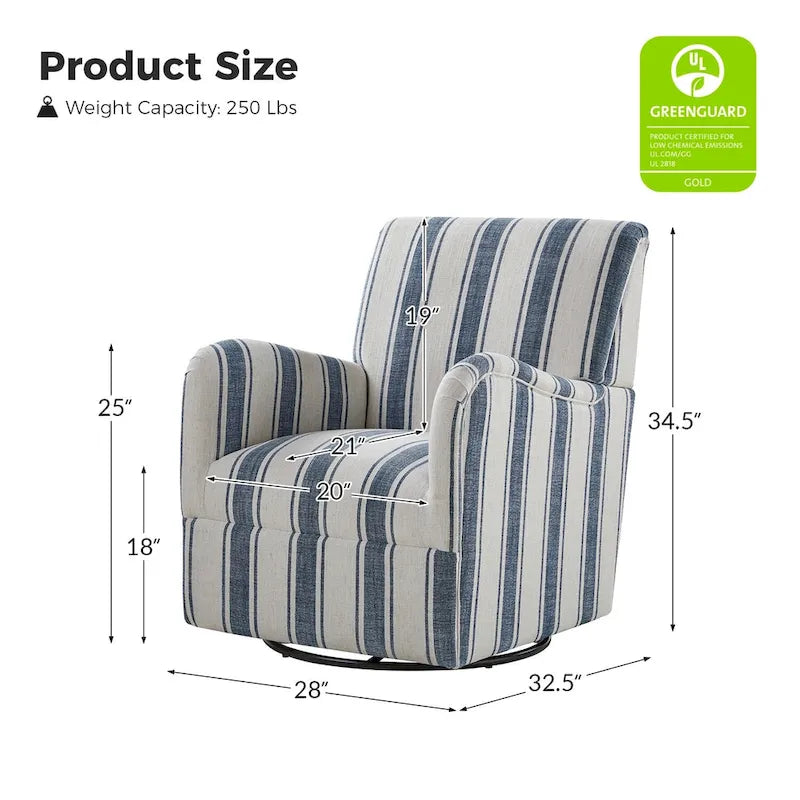 360° Swivel Accent Chair, Striped Fabric Upholstery, Foam Padded, Metal Legs, 28"W x 34.5"H