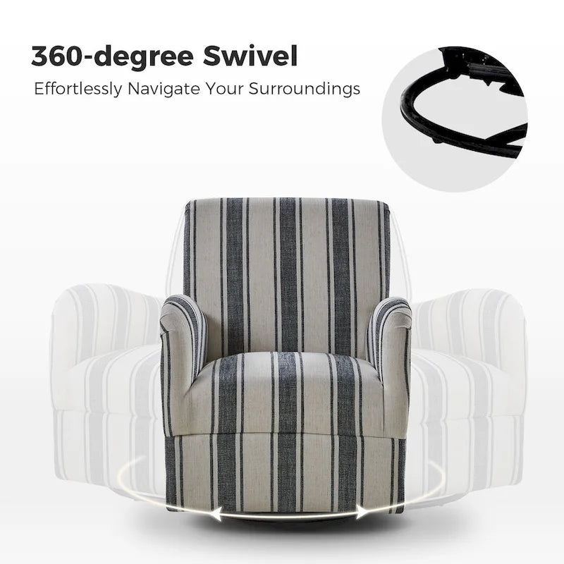 360° Swivel Accent Chair, Striped Fabric Upholstery, Foam Padded, Metal Legs, 28"W x 34.5"H