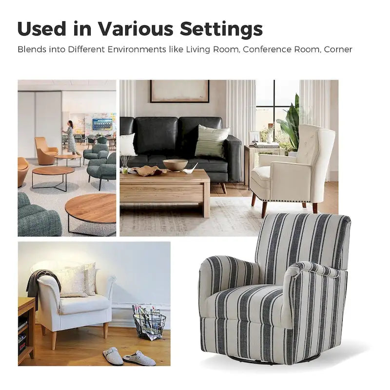 360° Swivel Accent Chair, Striped Fabric Upholstery, Foam Padded, Metal Legs, 28"W x 34.5"H