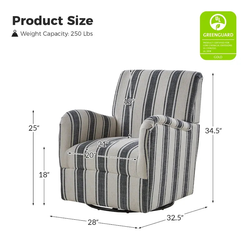 360° Swivel Accent Chair, Striped Fabric Upholstery, Foam Padded, Metal Legs, 28"W x 34.5"H