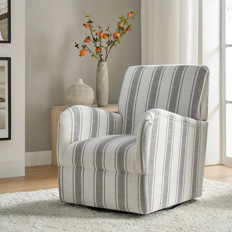 360° Swivel Accent Chair, Striped Fabric Upholstery, Foam Padded, Metal Legs, 28"W x 34.5"H
