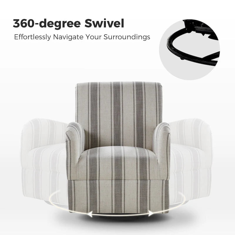 360° Swivel Accent Chair, Striped Fabric Upholstery, Foam Padded, Metal Legs, 28"W x 34.5"H