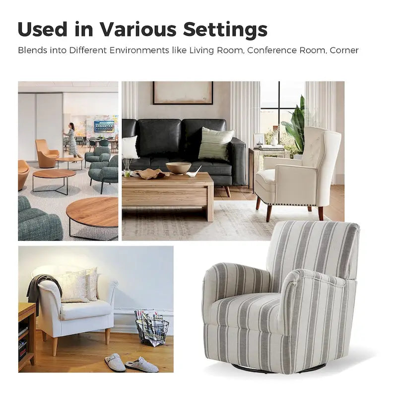 360° Swivel Accent Chair, Striped Fabric Upholstery, Foam Padded, Metal Legs, 28"W x 34.5"H