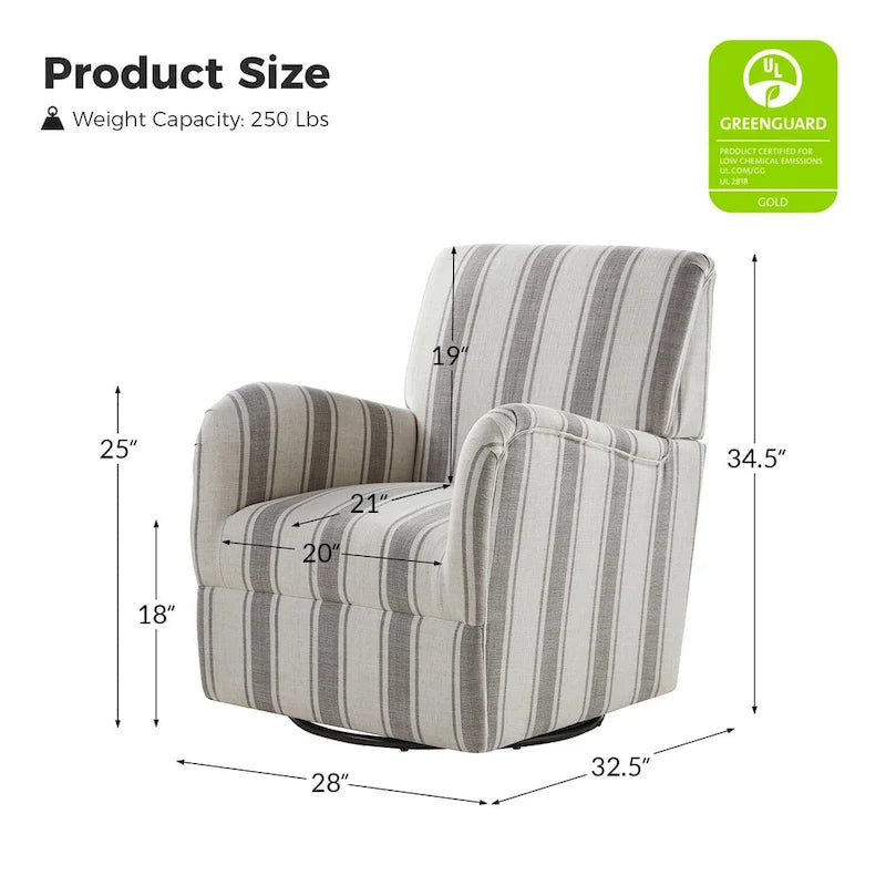 360° Swivel Accent Chair, Striped Fabric Upholstery, Foam Padded, Metal Legs, 28"W x 34.5"H