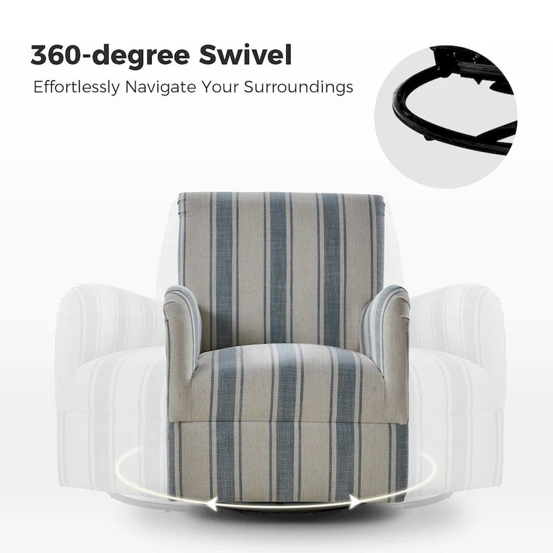 360° Swivel Accent Chair, Striped Fabric Upholstery, Foam Padded, Metal Legs, 28"W x 34.5"H