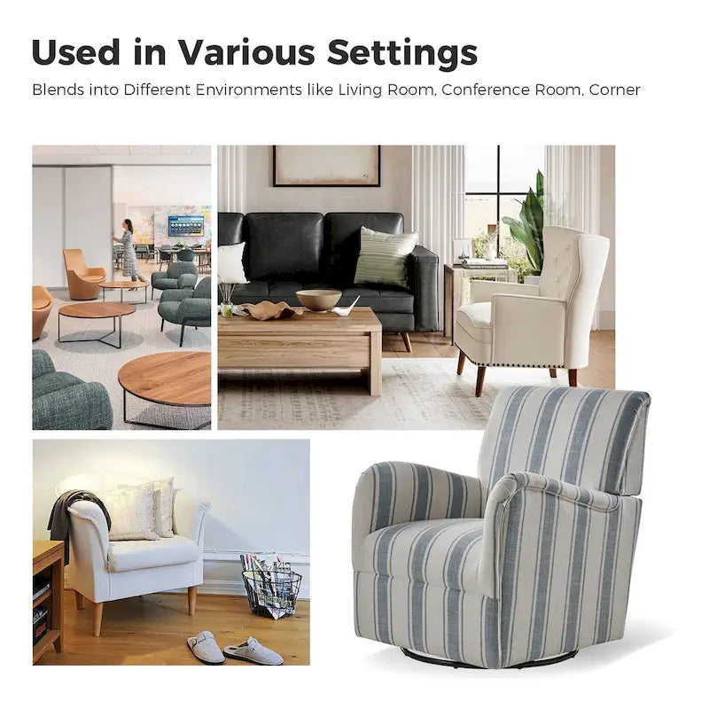 360° Swivel Accent Chair, Striped Fabric Upholstery, Foam Padded, Metal Legs, 28"W x 34.5"H