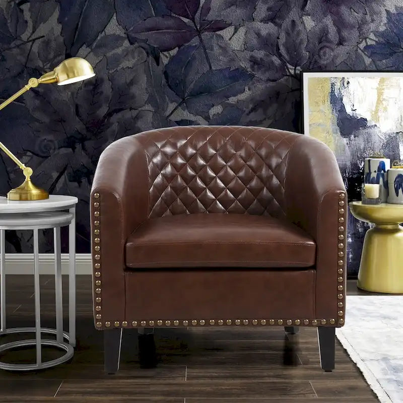 Accent Barrel chair living room chair with nailheads and solid wood legs