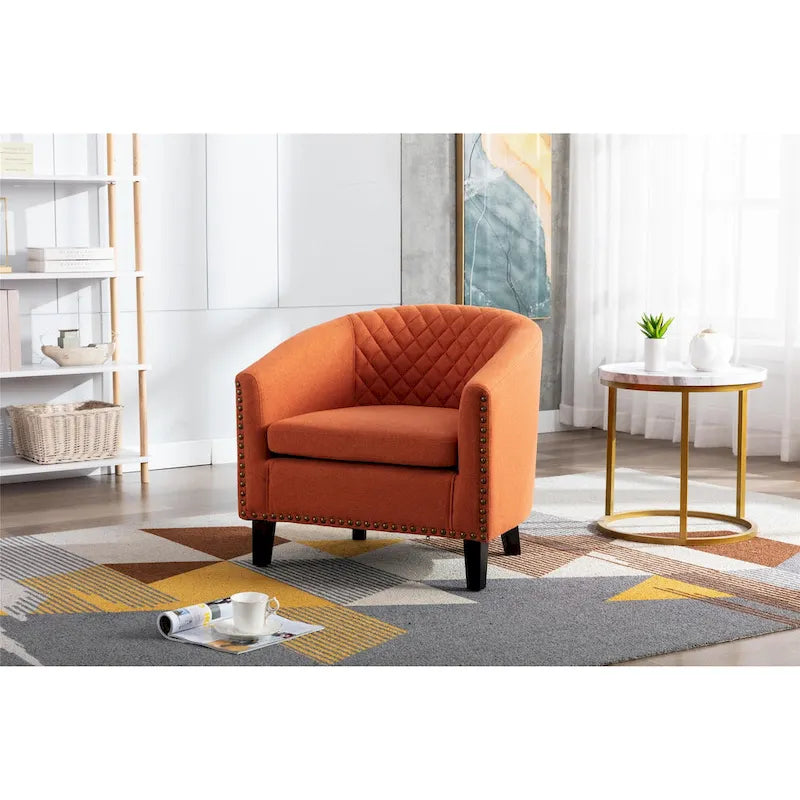 Accent Barrel chair living room chair with nailheads and solid wood legs