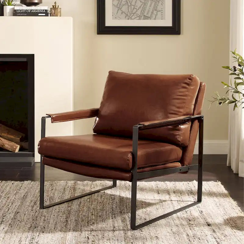 Faux Leather Accent Chair with Steel Frame, Removable Cushion, 260 lbs Capacity – Modern Style