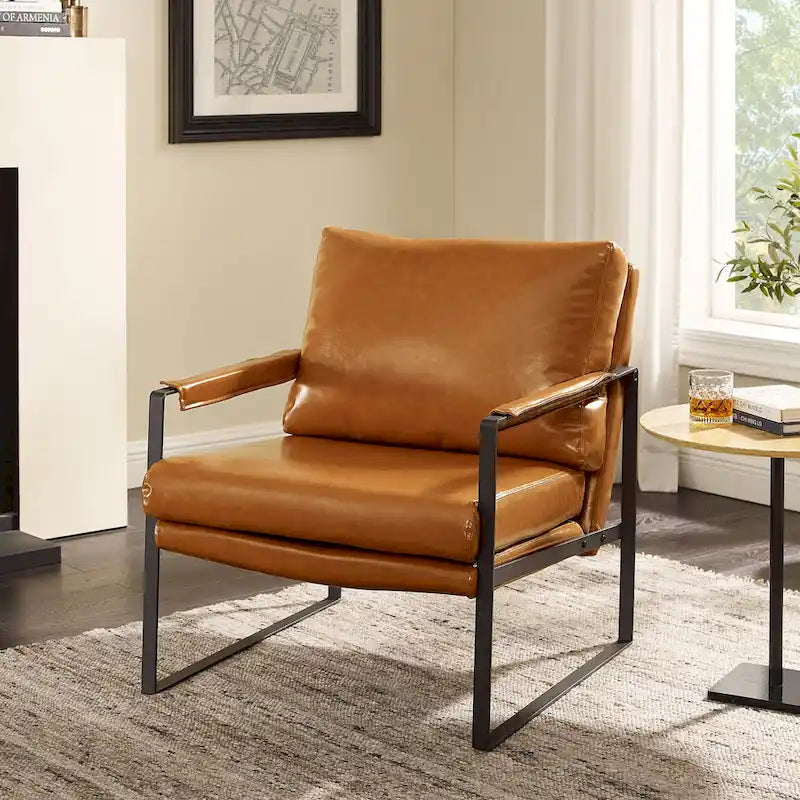 Faux Leather Accent Chair with Steel Frame, Removable Cushion, 260 lbs Capacity – Modern Style