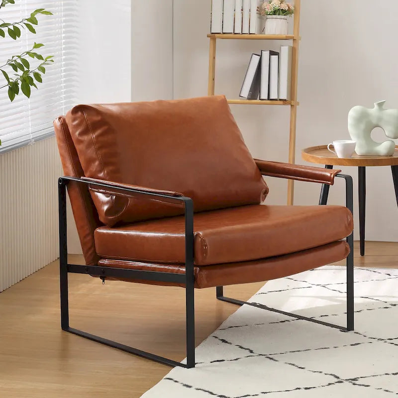 Faux Leather Accent Chair with Steel Frame, Removable Cushion, 260 lbs Capacity – Modern Style