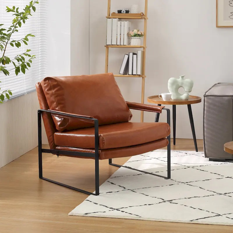 Faux Leather Accent Chair with Steel Frame, Removable Cushion, 260 lbs Capacity – Modern Style