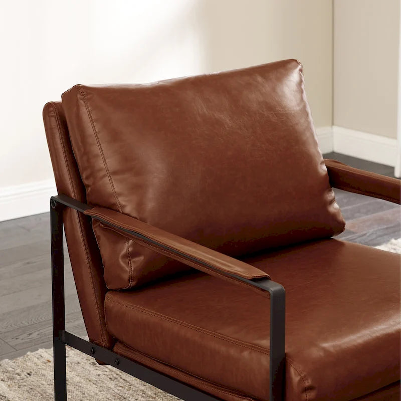 Faux Leather Accent Chair with Steel Frame, Removable Cushion, 260 lbs Capacity – Modern Style