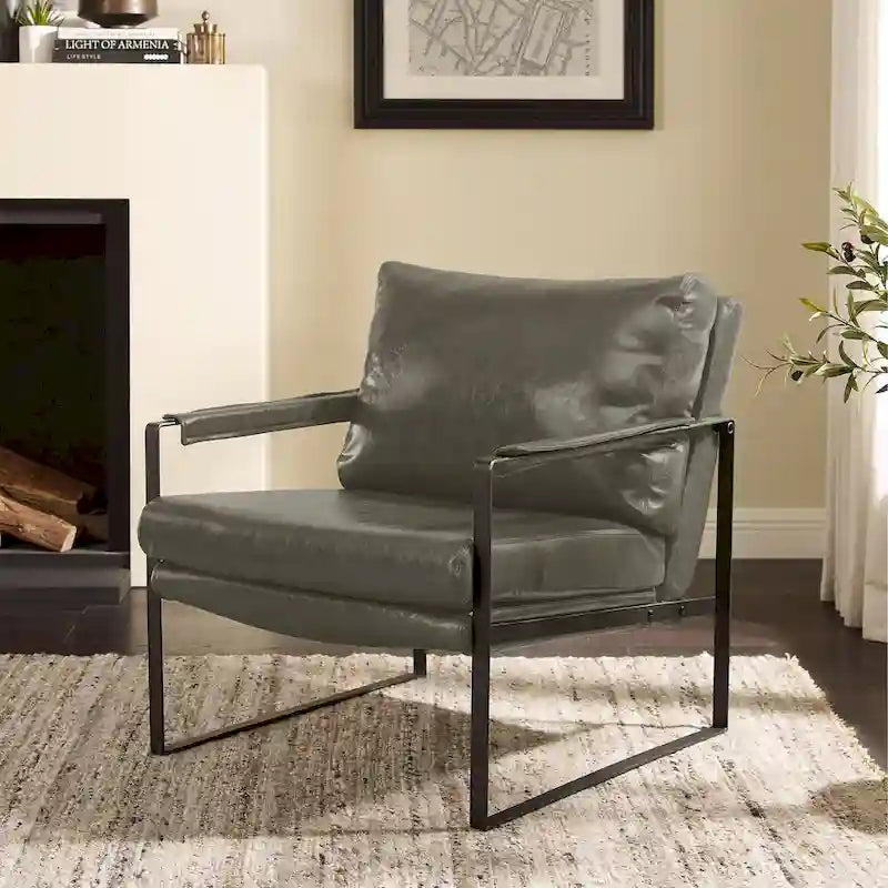 Faux Leather Accent Chair with Steel Frame, Removable Cushion, 260 lbs Capacity – Modern Style