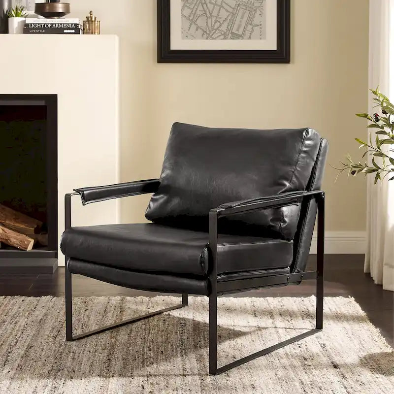Faux Leather Accent Chair with Steel Frame, Removable Cushion, 260 lbs Capacity – Modern Style