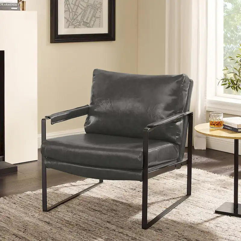 Faux Leather Accent Chair with Steel Frame, Removable Cushion, 260 lbs Capacity – Modern Style