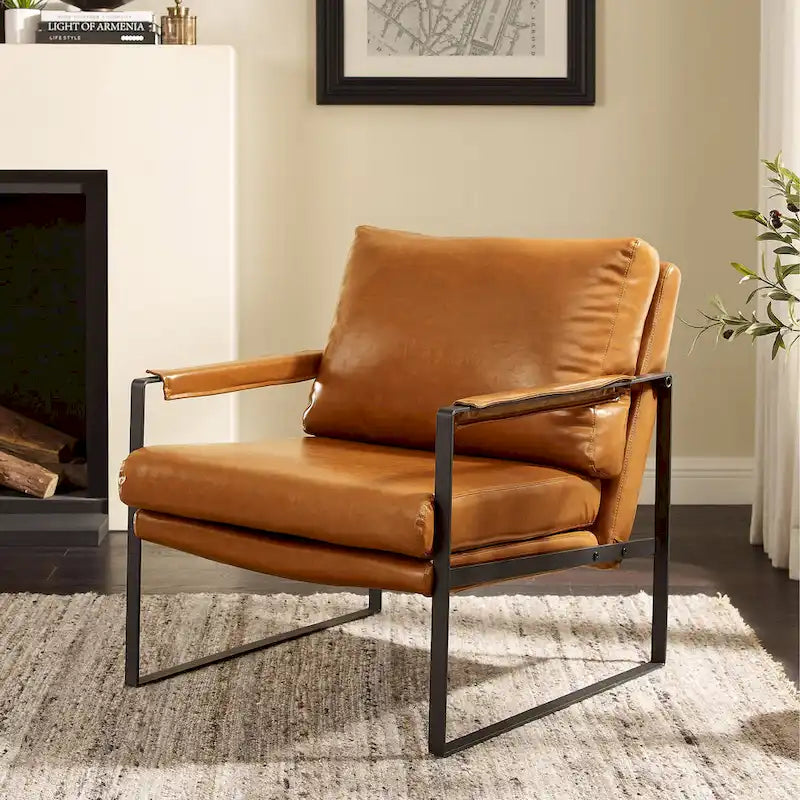 Faux Leather Accent Chair with Steel Frame, Removable Cushion, 260 lbs Capacity – Modern Style