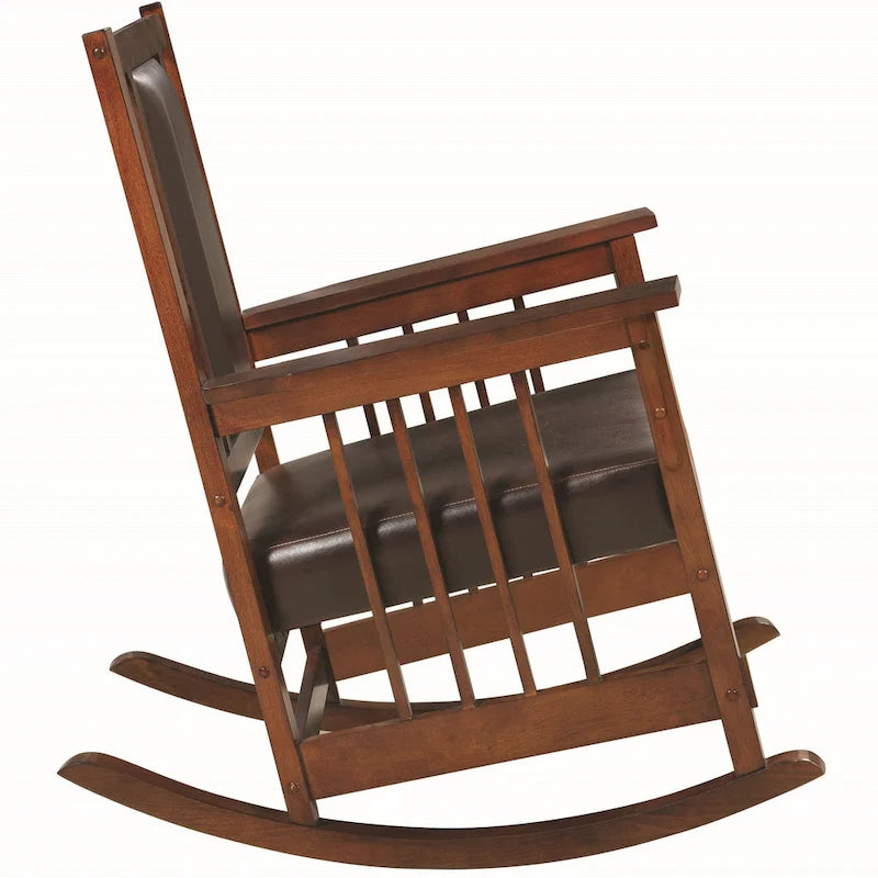 Mission Style Solid Wood Rocking Chair with Leatherette Seat, Dark Tobacco Oak Finish