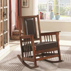 Mission Style Solid Wood Rocking Chair with Leatherette Seat, Dark Tobacco Oak Finish