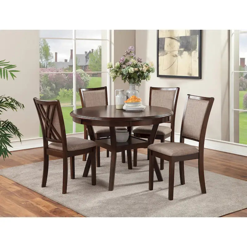 5-Piece Round Dining Table Set with 4 Upholstered Chairs | Farmhouse Style | 47" Table