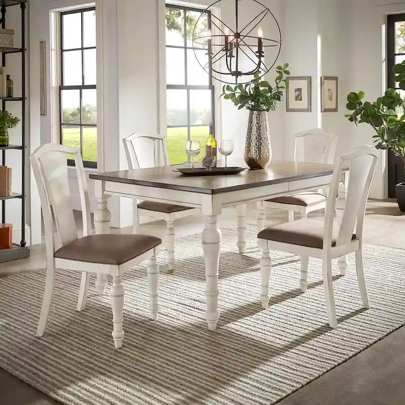 Extendable Rubberwood Dining Table Set, Antique White, Seats 4–8, 5-Piece or 7-Piece