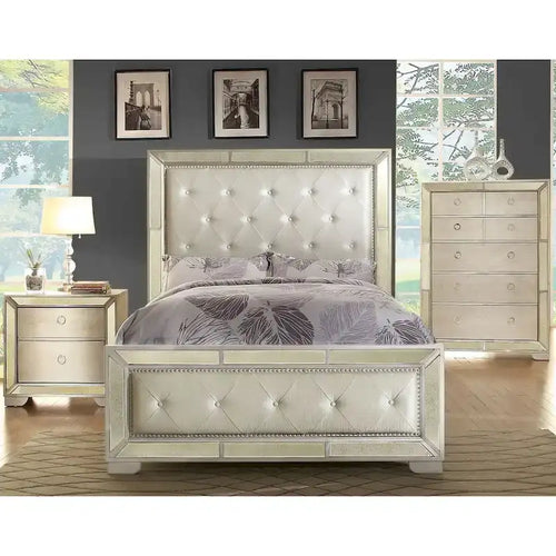 4-Poster Panel Bed with Faux Leather Tufted Headboard, Mirrored Trim, 500 lbs – Champagne