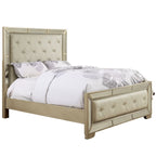 4-Poster Panel Bed with Faux Leather Tufted Headboard, Mirrored Trim, 500 lbs – Champagne